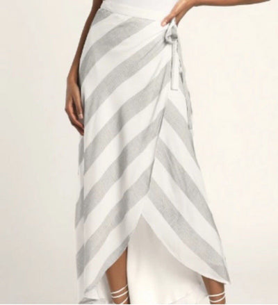 LULUS Cotton Linen Blend Wrap Skirt Sz S Grey White Striped Maxi Lined Tie Waist
