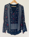 Lucky Brand Women's Large Bell Sleeve Blouse Boho Floral Striped Pullover Top