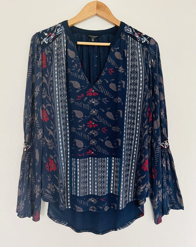 Lucky Brand Women's Large Bell Sleeve Blouse Boho Floral Striped Pullover Top