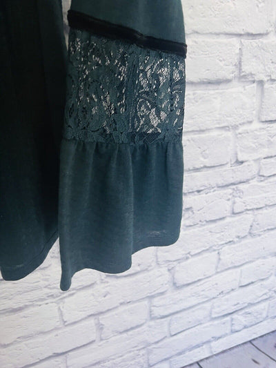 MAURICES  Dark Green Long Sleeve Top Sz M Velvet Trim Lace Boho Whimsigoth
