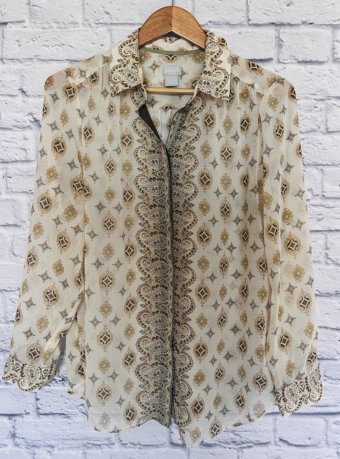 CHICOS Button Up Chiffon Blouse Sz 1 Sheer Long Sleeves Paisley Ivory Flowy