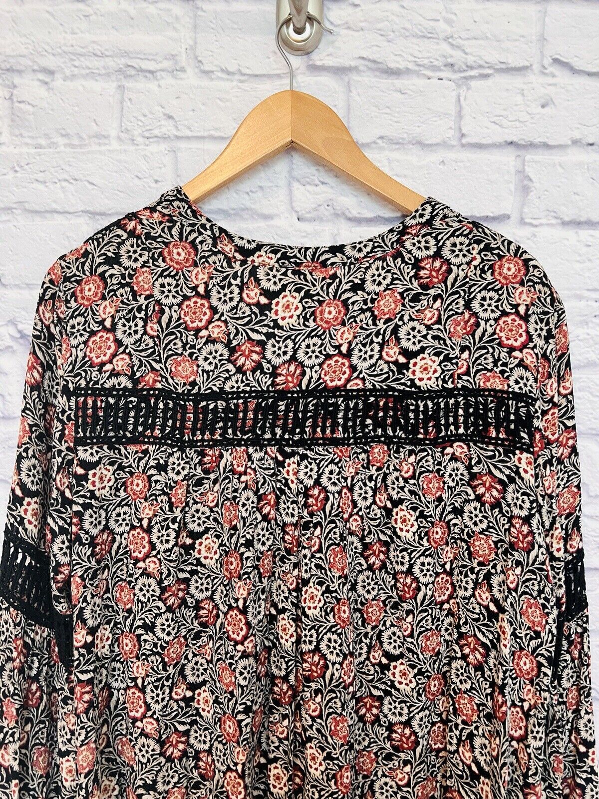 KNOX ROSE Womens Dress Size Sz L Black Rust Floral Bell Sleeve Flare Boho Hippie