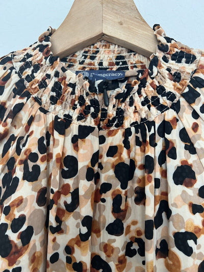 DEMOCRACY Leopard Animal Print Blouse Sz S Smocked High Neck Long Sleeve