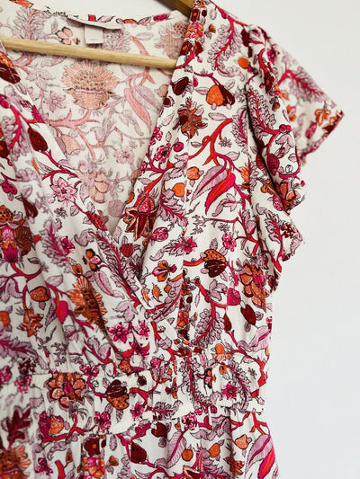 KNOX ROSE Floral V Neck Shift Dress Sz XS Red Midi Boho Romantic Peasant