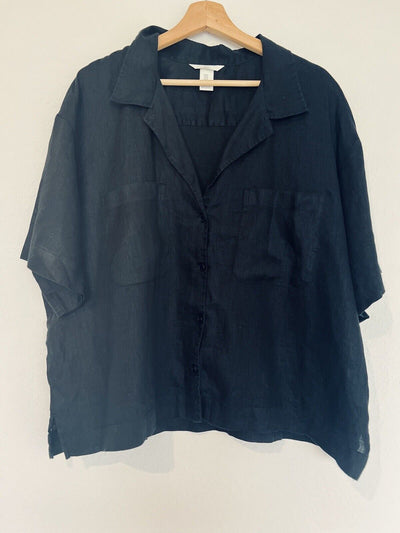 H&M Shirt Women XL Button Down Linen Boxy Pocket Black Minimalist