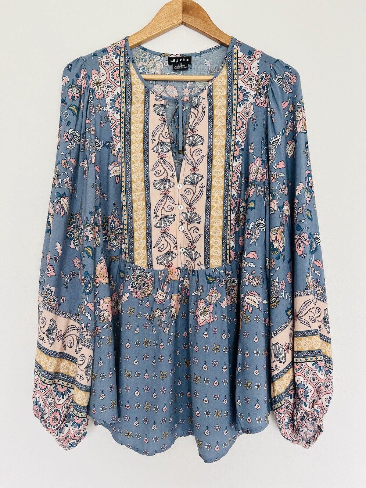 CITY CHIC Floral Tunic Dress Sz XXS Blue Balloon Sleeves Fairy Coquette Boho