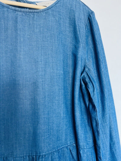 LOFT Chambray Linen Blend Blouse Sz M Button Back Peplum Top Long Sleeve Boho