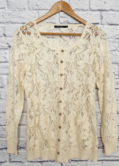 NIC & ZOE Ivory Floral Lace Sweater Sz M Button Long Sleeve Feminine Boho Wester