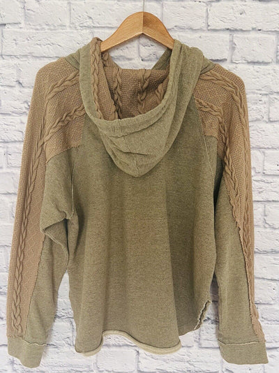 ODDI Hooded Pullover Sweatshirt Sz L Cable Knit Detail Sweater Beige Boho