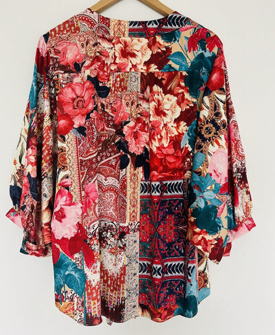 Chicos  Satin Colorful Top Sz 14 Red Floral Lantern 3/4 Sleeves Tie Waist