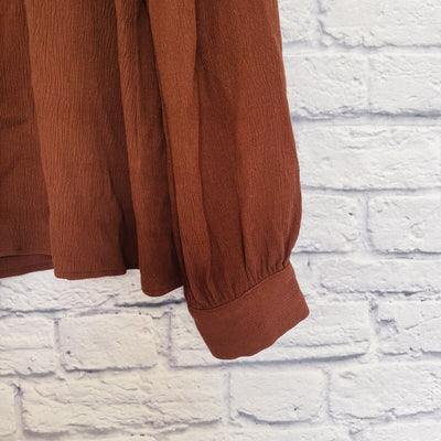IN LOOM Brown Embroidered Blouse Sz M 1/2 Button Long Sleeve Western Boho Rodeo