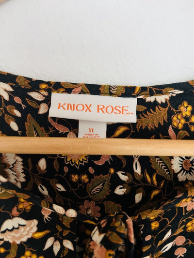 KNOX ROSE Floral Pullover Blouse Sz XL Tie Neck Long Sleeve Tunic Top Boho