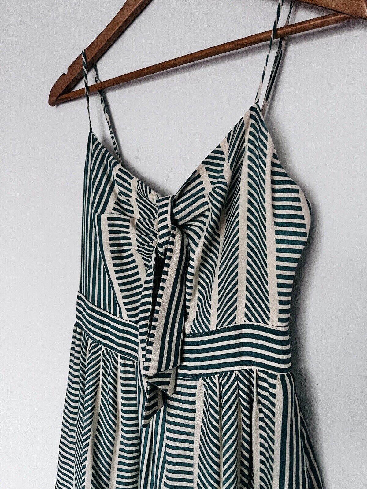 LUSH Womens Green Striped Dress Sz S Tie Front Midi Bow 100% Cotton
