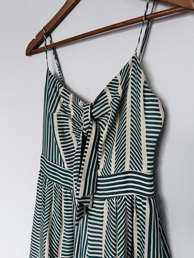 LUSH Womens Green Striped Dress Sz S Tie Front Midi Bow 100% Cotton