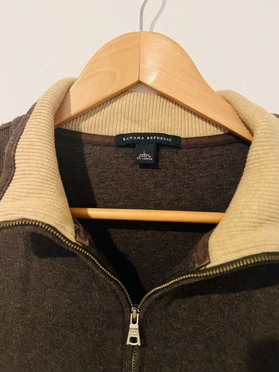BANANA REPUBLIC Mens 100% Cotton Sweater Sz L 1/4 Zip Pullover Long Sleeve Brown
