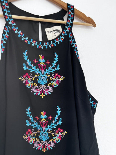 SAVANNA JANE Embroidered Floral Tent Dress Sz 3X Black Sleeveless Lined Boho