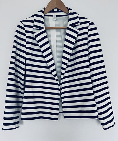 CHICO’S Knit Blazer Jacket Sz Small Nautical Blue White Stripes Cropped