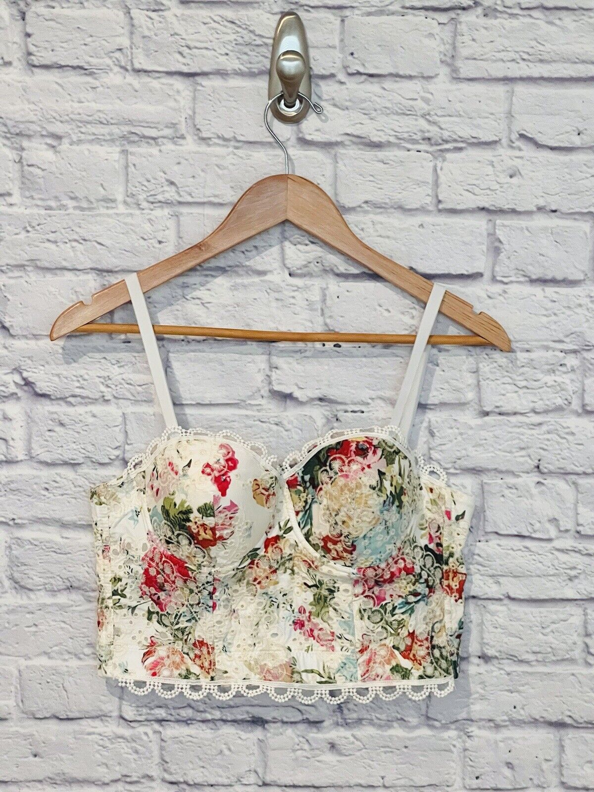 Floral Lace Trim Corset Top 38/85 Sexy Vintage Flower Push Up Bustier Crop Camis