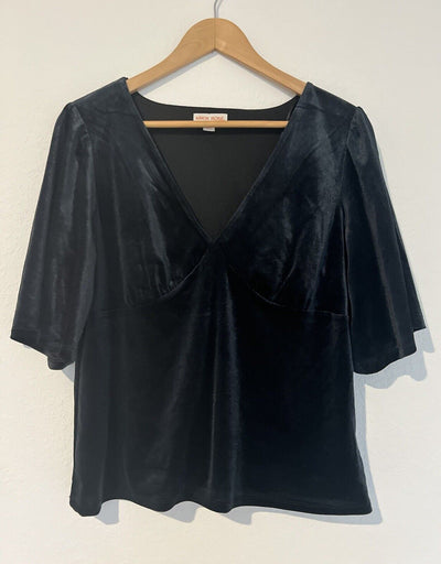 KNOX ROSE Black Velvet Velour Top Sz L Elbow Sleeve Blouse Elegant Party Formal