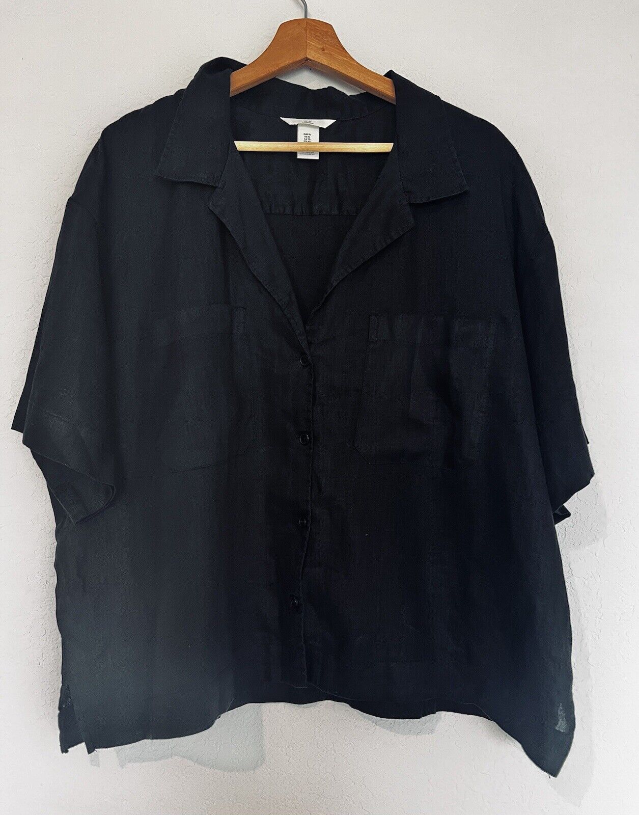 H&M Shirt Women XL Button Down Linen Boxy Pocket Black Minimalist