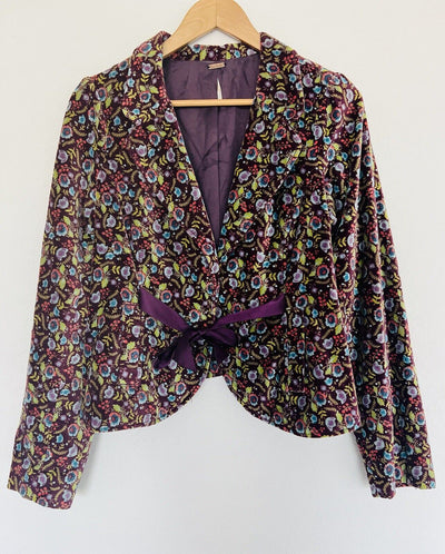 FREE PEOPLE Velvet Floral Blazer Sz 12 Purple Jacket Satin Bow Boho Hippie Artsy