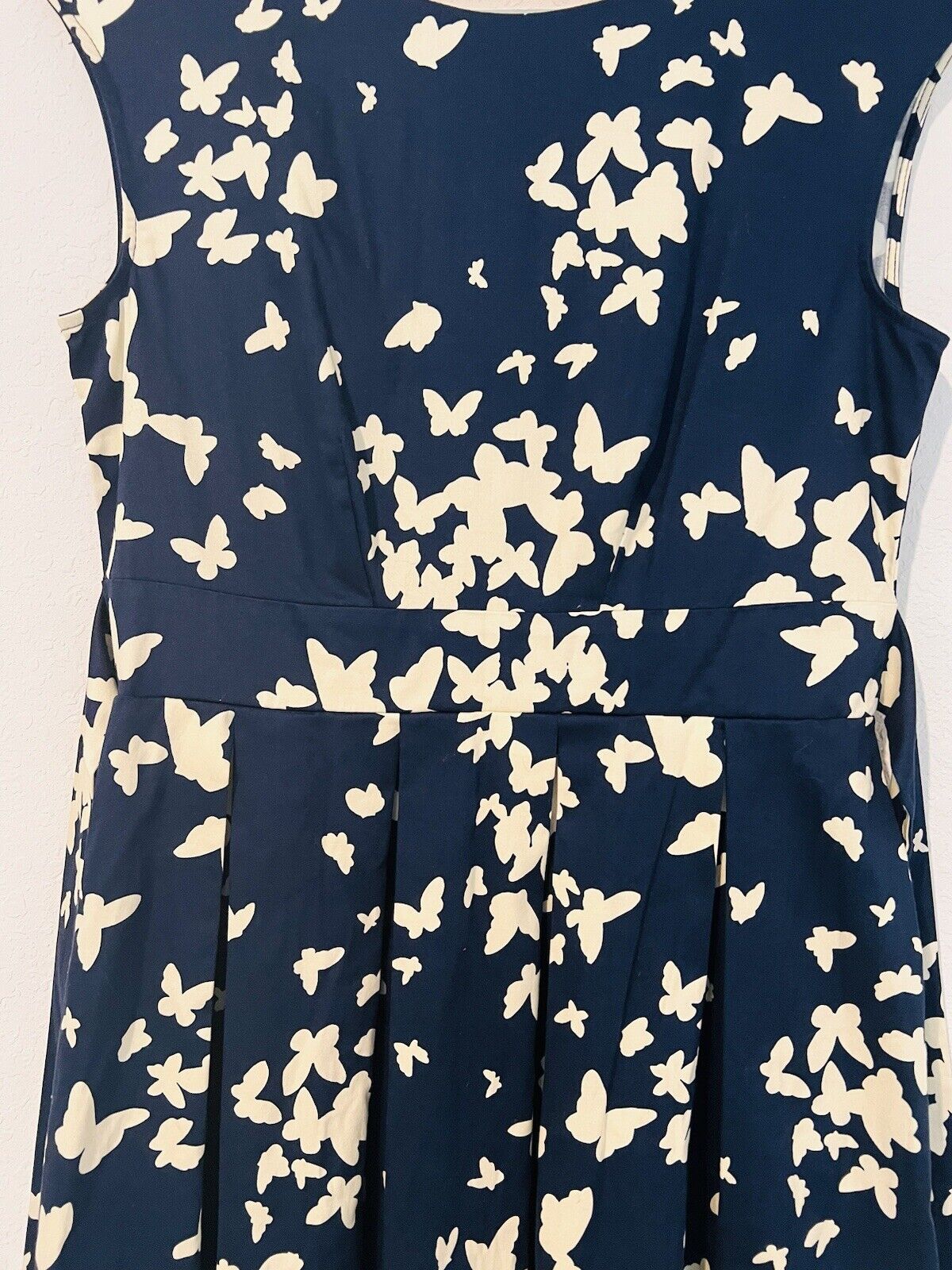 MODCLOTH Closet London Midi Dress Sz 10 Fit Flare Navy/Tan Butterfly Print