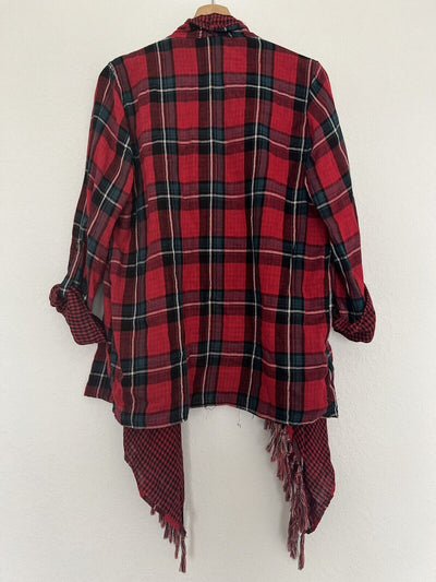 UMGEE Flannel Plaid Cardigan Sz L Open Waterfall Roll Tab Sleeves Boho Western