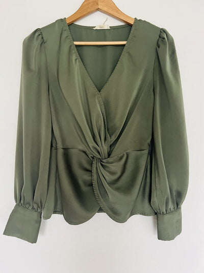 ENTRO Olive Satin Blouse Sz S Balloon Sleeves Flowy Workwear Office