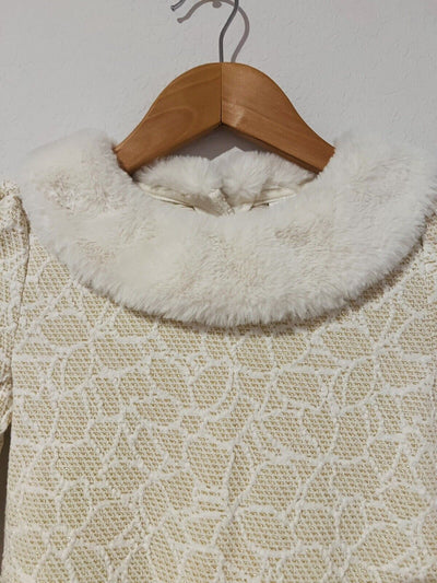 JANIE AND JACK Woven Girls Dress Sz 7 Heavy Knit Gold Detail Faux Fur Easter