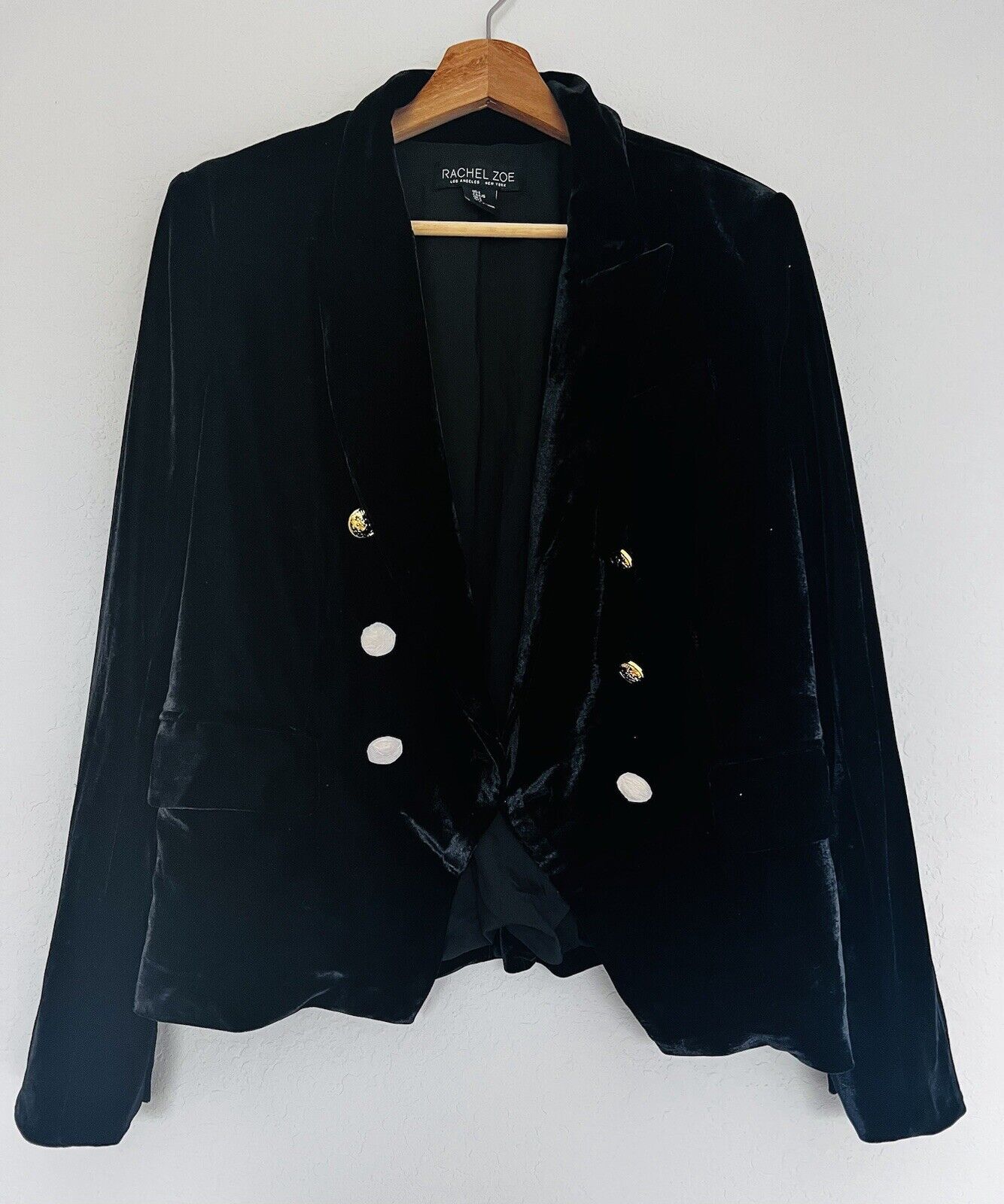 RACHEL ZOE Black Velvet Velour Blazer Sz L Double-Breasted Gold Accent Buttons