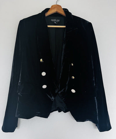 RACHEL ZOE Black Velvet Velour Blazer Sz L Double-Breasted Gold Accent Buttons
