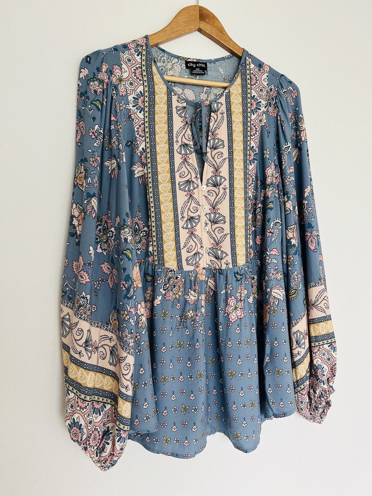 CITY CHIC Floral Tunic Dress Sz XXS Blue Balloon Sleeves Fairy Coquette Boho