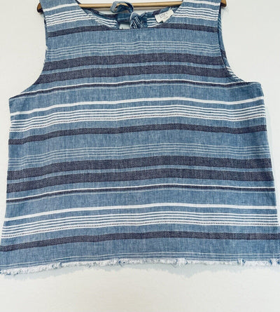 LOFT Lounge Blue Striped Linen Top Sz XL Sleeveless Frayed Hem Boho