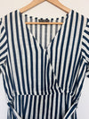 Faux Wrap Midi Dress Sz L Striped Blue/White Waist Tie Pockets 100% Rayon Woven