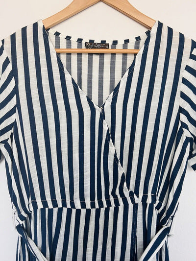 Faux Wrap Midi Dress Sz L Striped Blue/White Waist Tie Pockets 100% Rayon Woven