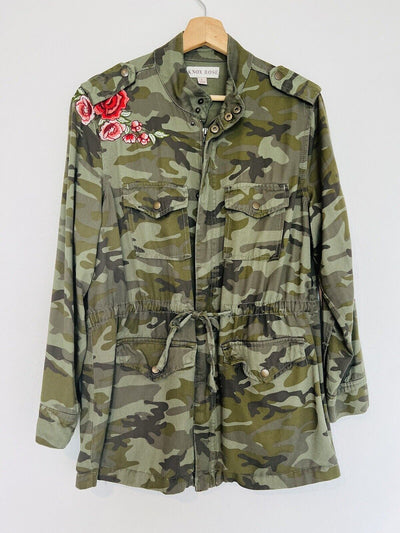 KNOX ROSE Embroidered Jacket Sz L Camo Anorak Cargo Utility Pockets Boho
