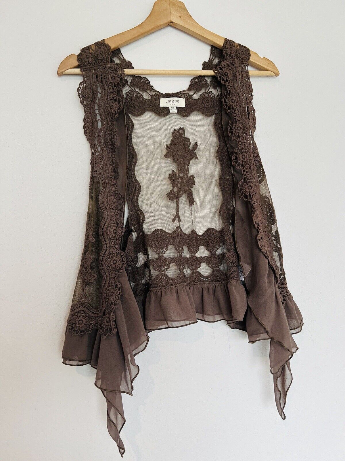 UMGEE Ruffle Lace Vest Sz M/L Brown Open Front Feminine Romantic Boho