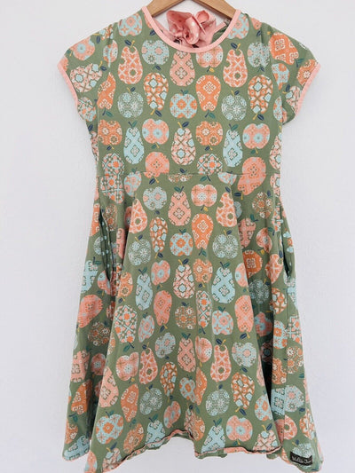 MATILDA JANE Girls Pear Print Dress Size 16 Olive Color Full Skirt Bow
