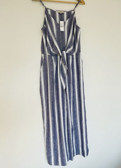 LOFT NWT Linen Blend Wide Leg Jumpsuit Sz L Khaki Blue Striped Minimalist Boho