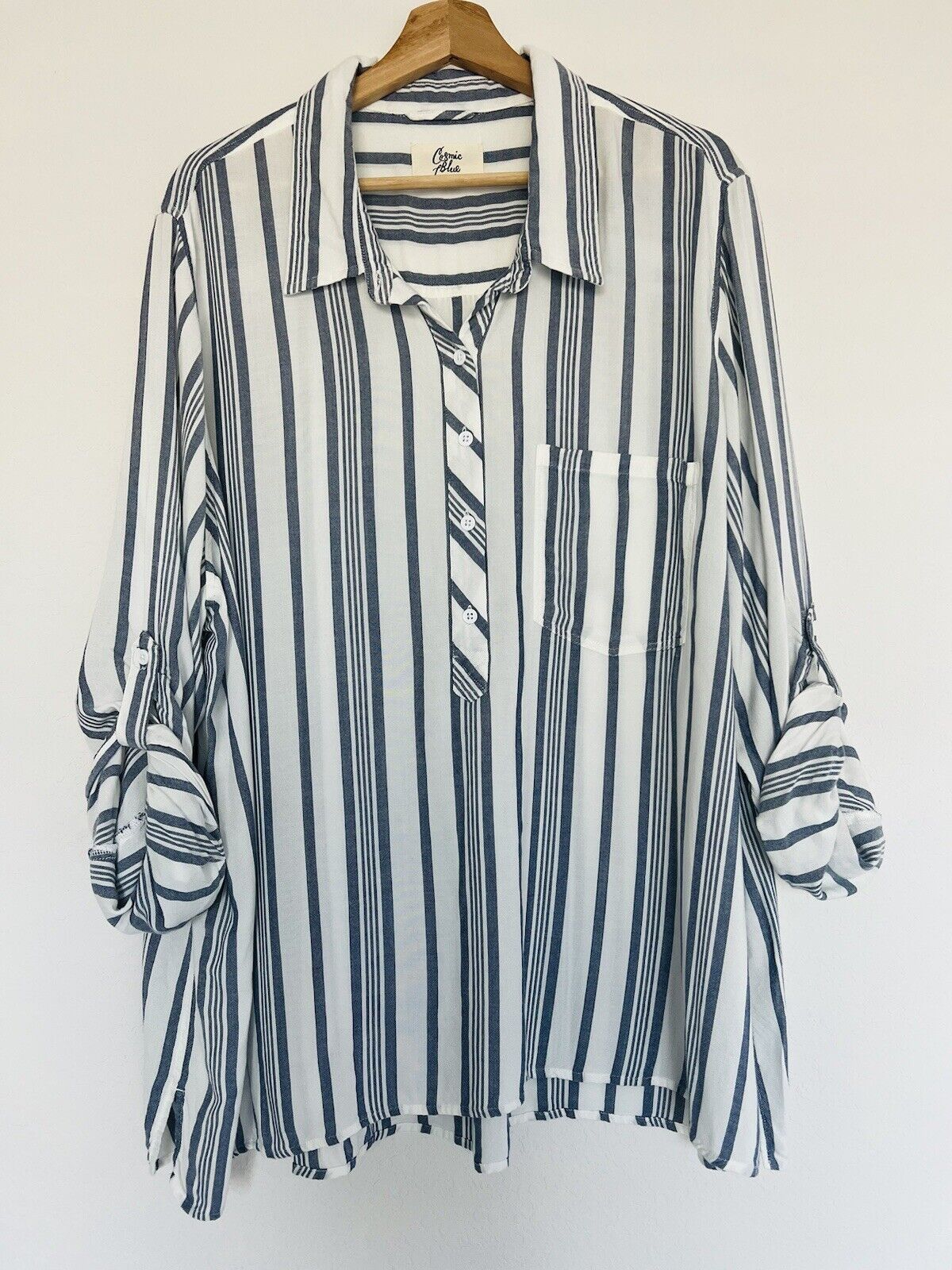 COSMOC BLUE LOVE Button Down Shirt Sz 3X Striped Blue/White Long Sleeve Classic