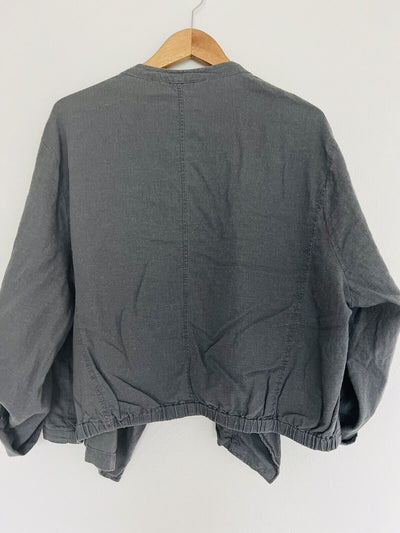 SUPPLIES  Linen Blend Jacket Sz 1X Gray Open Front Roll Tab Sleeves Boho