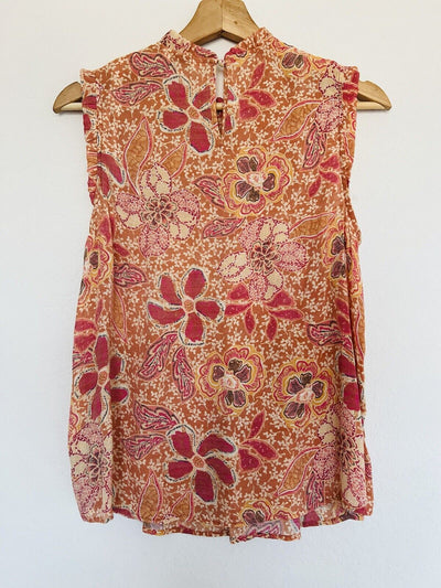 Nanette Lepore Orange Print Top Sz M Sleeveless Button Back Lightweight Boho