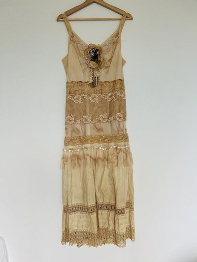 1920s Lace & Tulle Slip Style Dress Tan Tea Stained Bodice Gatsby Boho