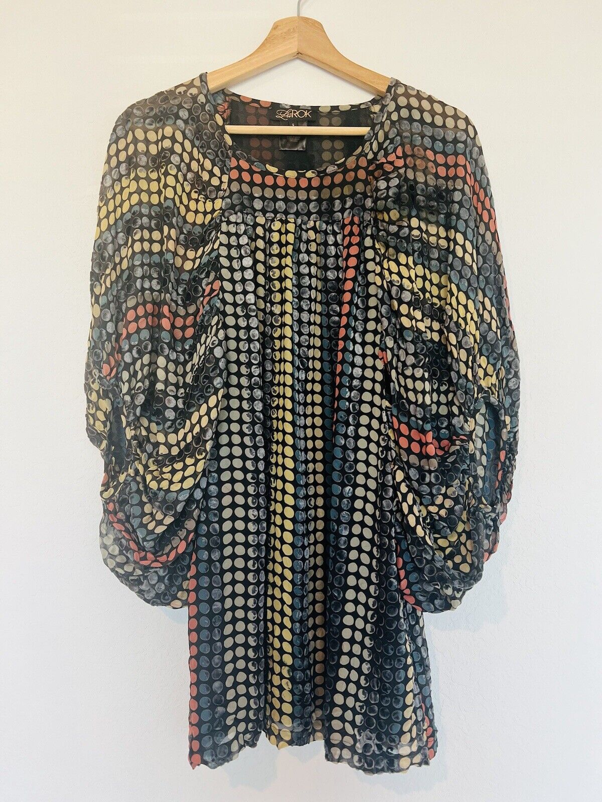 LA ROCK Silk Blend Tunic Blouse Sz S Velvet Detail Balloon Sleeves Boho Top