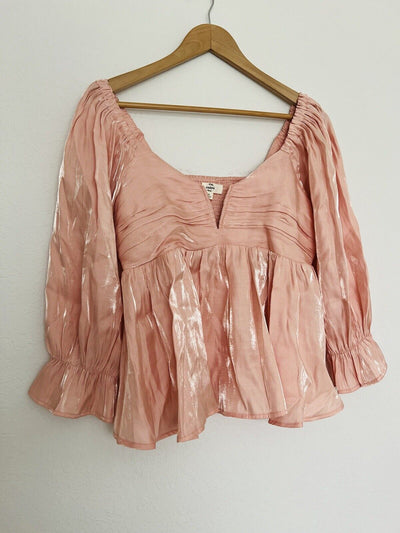 ENTRO Pink Iridescent Smocked Blouse 3/4 Bell Sleeve Babydoll Fairy Top Boho
