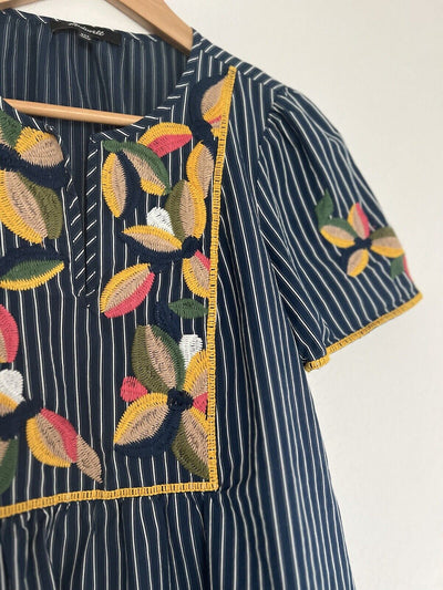 MADEWELL Navy Blue Stripe Top Sz XS Embroidered Floral Blouse Boho Hippie Style