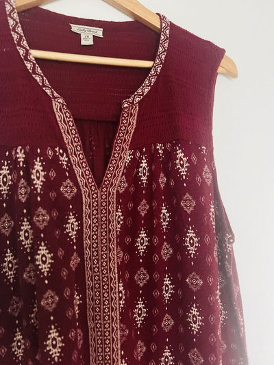 LUCKY BRAND Burgundy Sleeveless Top Sz XL Ornate Pattern Cotton Linen Blend Boho