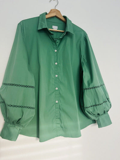 CHICO’S Poplin Billow Sleeve Blouse Shirt Sz XL Green Button Up Crochet Boho