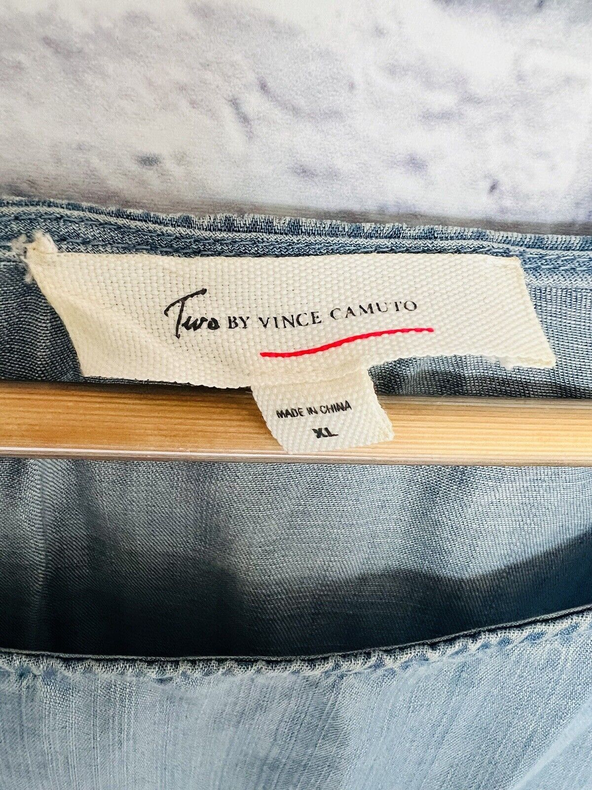 VINCE CAMUTO Womens 100% Tencel Boxy Ruffle Top Sz XL Blue Boho Crop Blouse