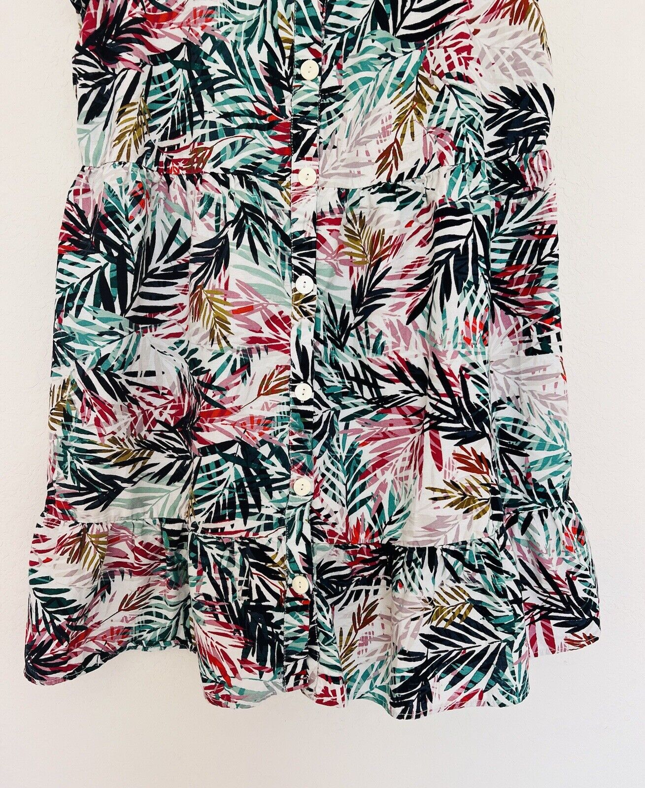BEACHLUNCHLOUNGE Linen Blend Dress Sz XL Hawaiian Palm Tiered Botton Up Travel